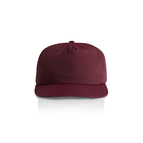 A maroon cap featuring a curved peak, with a logo on the front, presented against a plain background.