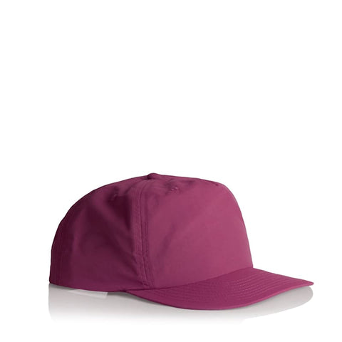 A pink cap with a curved brim and a logo on the side. The cap has a sleek, modern design.