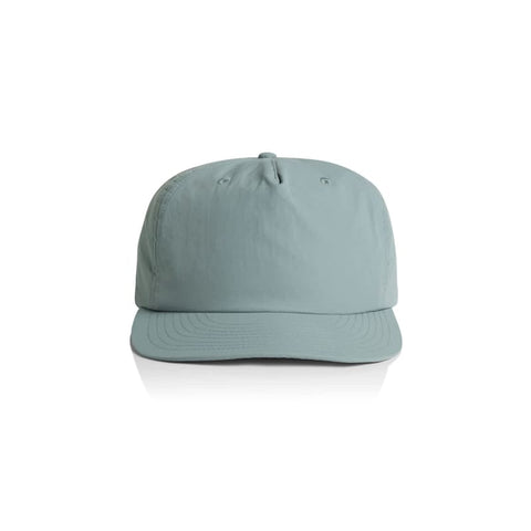 A light green cap featuring a structured design and a logo on the front. Suitable for headwear promotion.