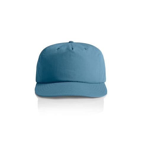 A blue cap with a structured design and a logo on the front.