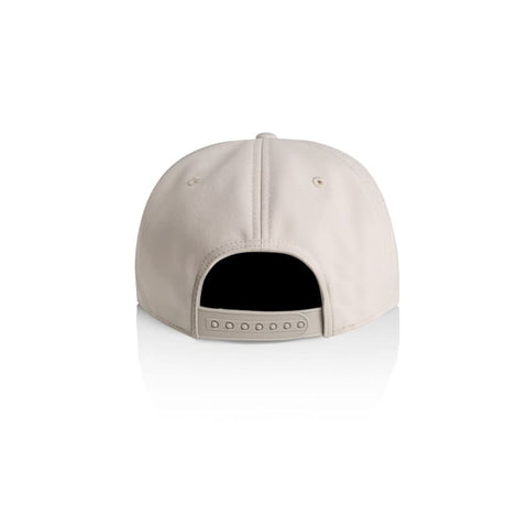 A beige cap with a snapback closure and a logo on the back. The interior is black.