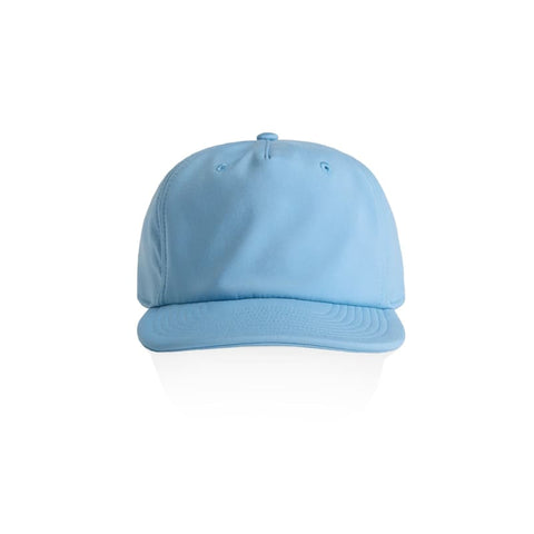 A light blue cap with a structured design and a flat brim, featuring a logo on the front.