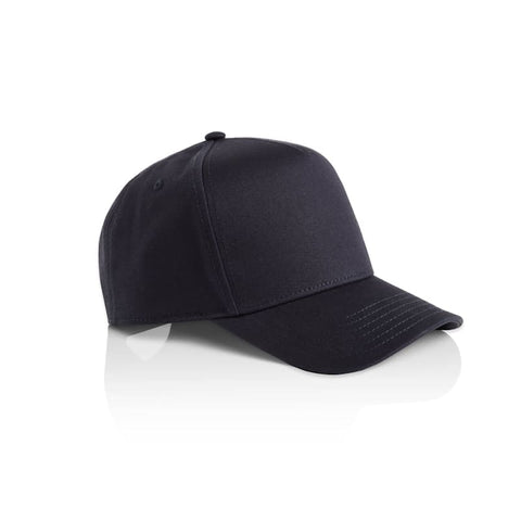A dark navy cap with a structured design and curved peak, featuring a logo on the front.