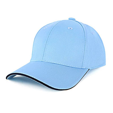A structured cap in light blue with a curved peak and a contrasting trim, featuring a logo on the front.