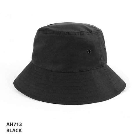 A black polycotton bucket hat with ventilation eyelets and a wide brim, featuring a logo.