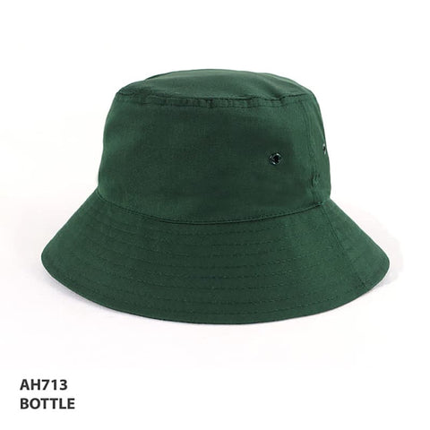 A green polycotton bucket hat with a wide brim and a small logo on the side.